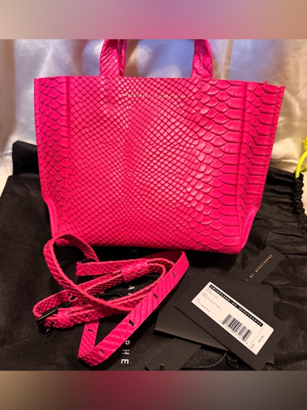 Ampersand as Apostrophe Neon Pink Python Mini Tote Bag with Removable Strap